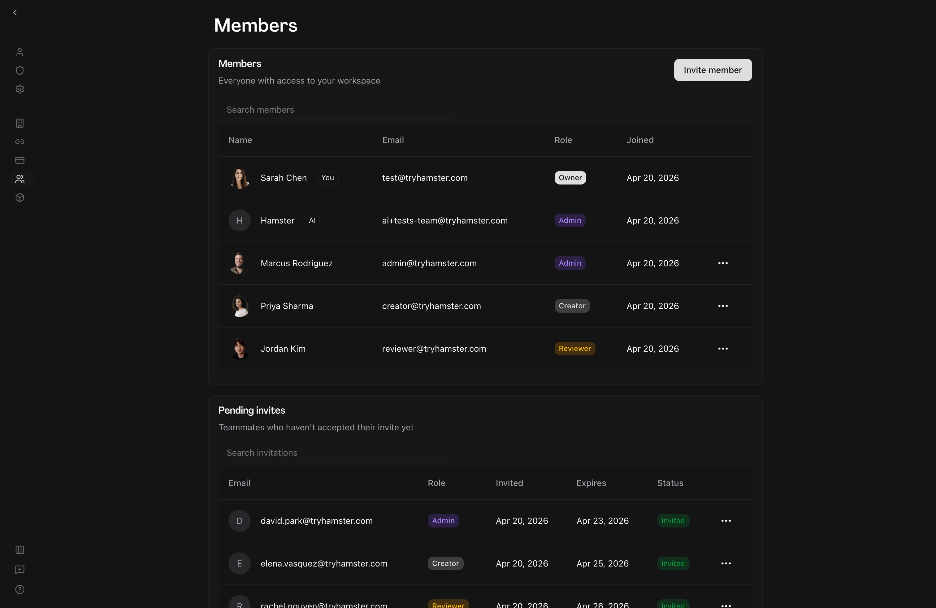 User on the workspace Members settings page, the Members table listing teammates with Name, Email, Role, and Joined columns and role badges spanning Owner, Admin, Creator, and Reviewer, with a Pending invites table below showing invited teammates alongside their roles and an Invited status.