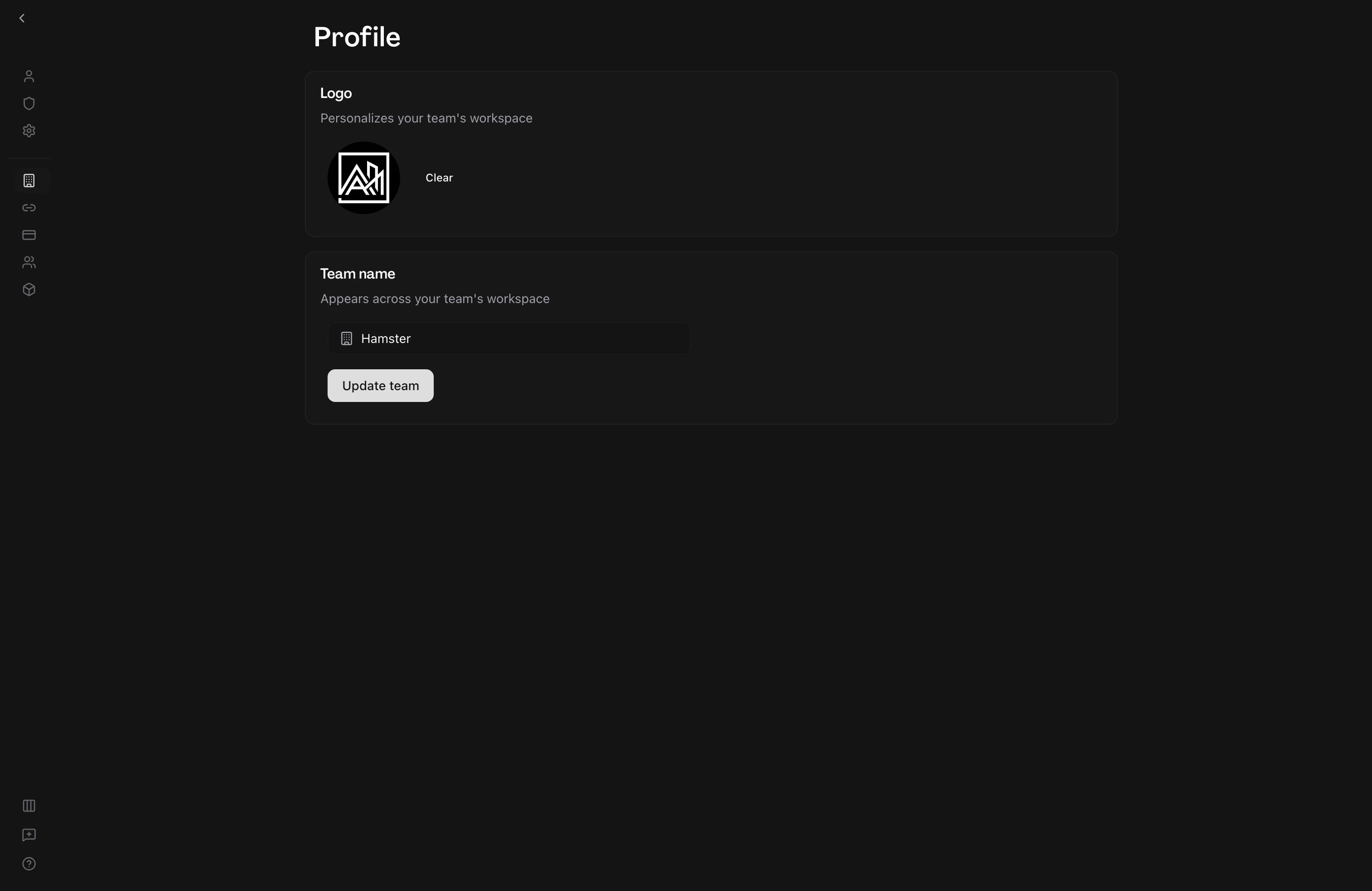 User on the Team Profile settings page, displaying a Logo card with the current team logo and a Clear option, beside a Team name card with an editable name field and an Update team button.