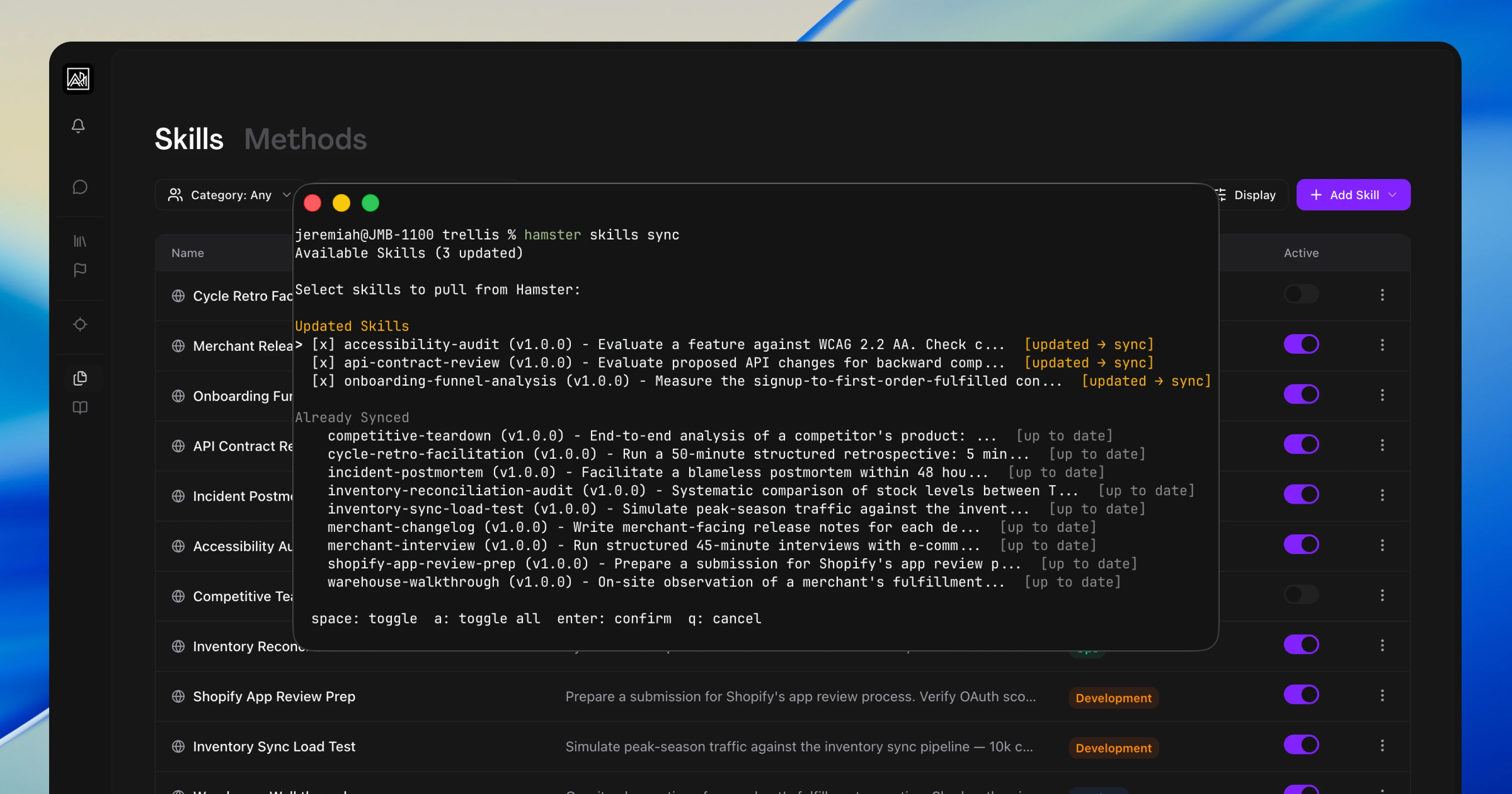 The Hamster Studio Skills page with a terminal overlay running hamster skills sync, showing updated and already-synced skills