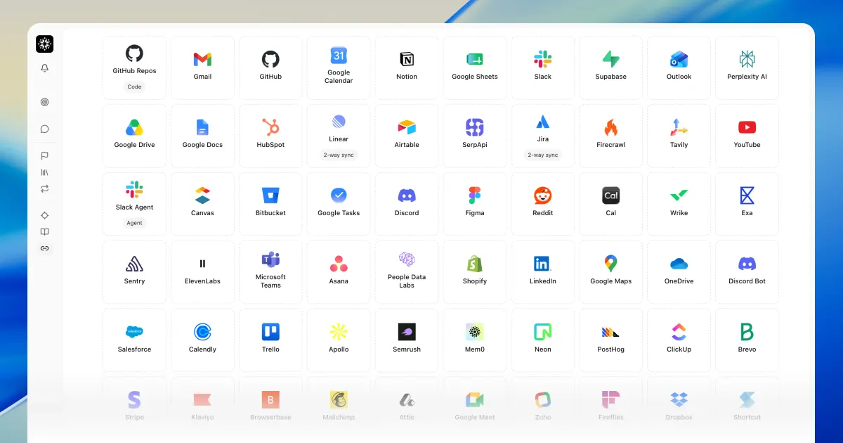 The Add Connections grid on the Connections page, rows of app tiles including GitHub Repos, Gmail, PostHog, and Dropbox, with 2-way sync badges on Linear and Jira
