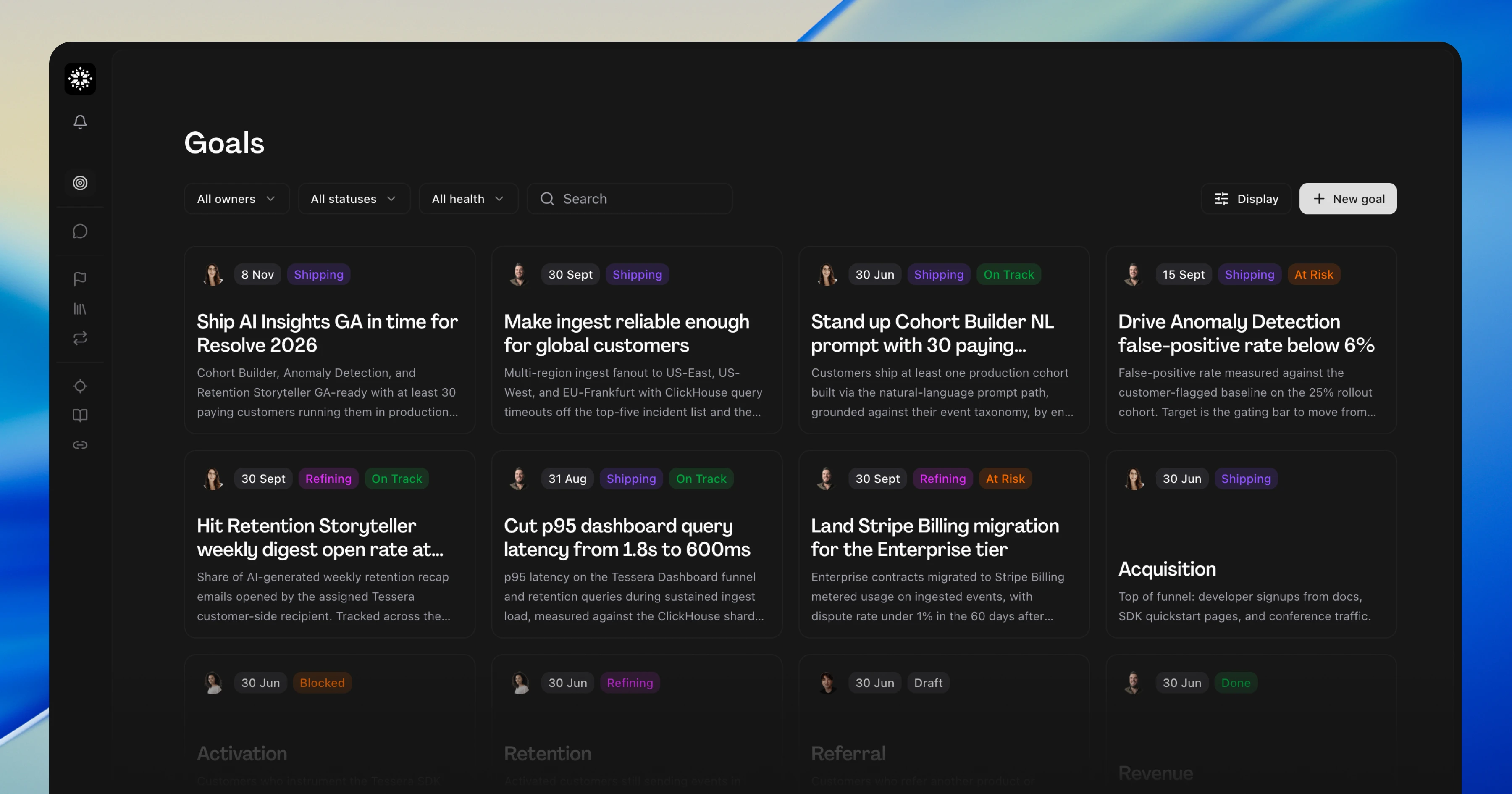 The Goals page in card view, goals grouped under Activation, Retention, Referral, and Revenue, each card carrying an owner, a date, and status and health badges