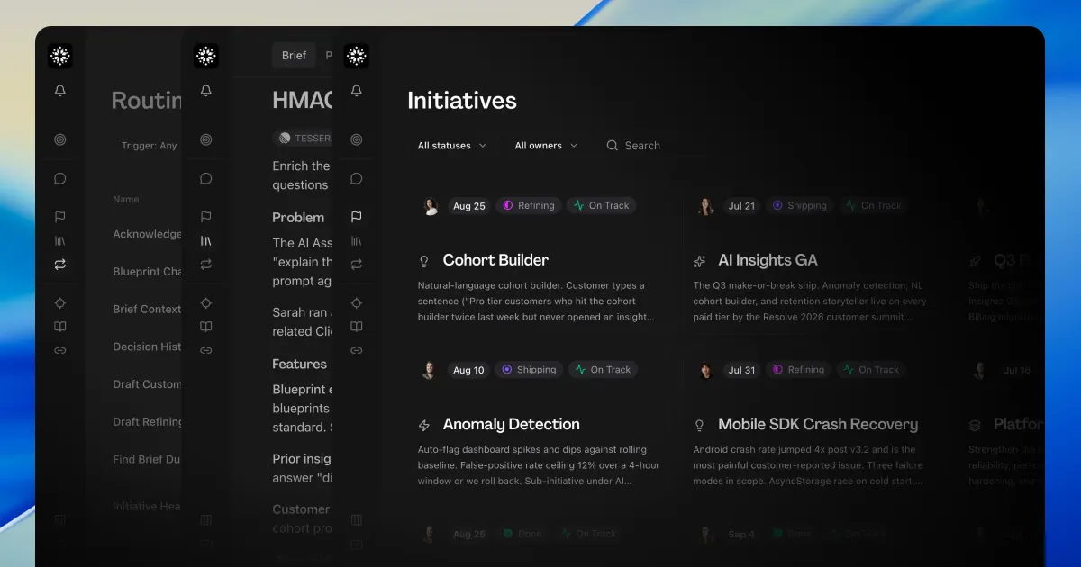 Several Hamster workspace pages stacked behind one another, with the Initiatives list in front showing cards and their status pills
