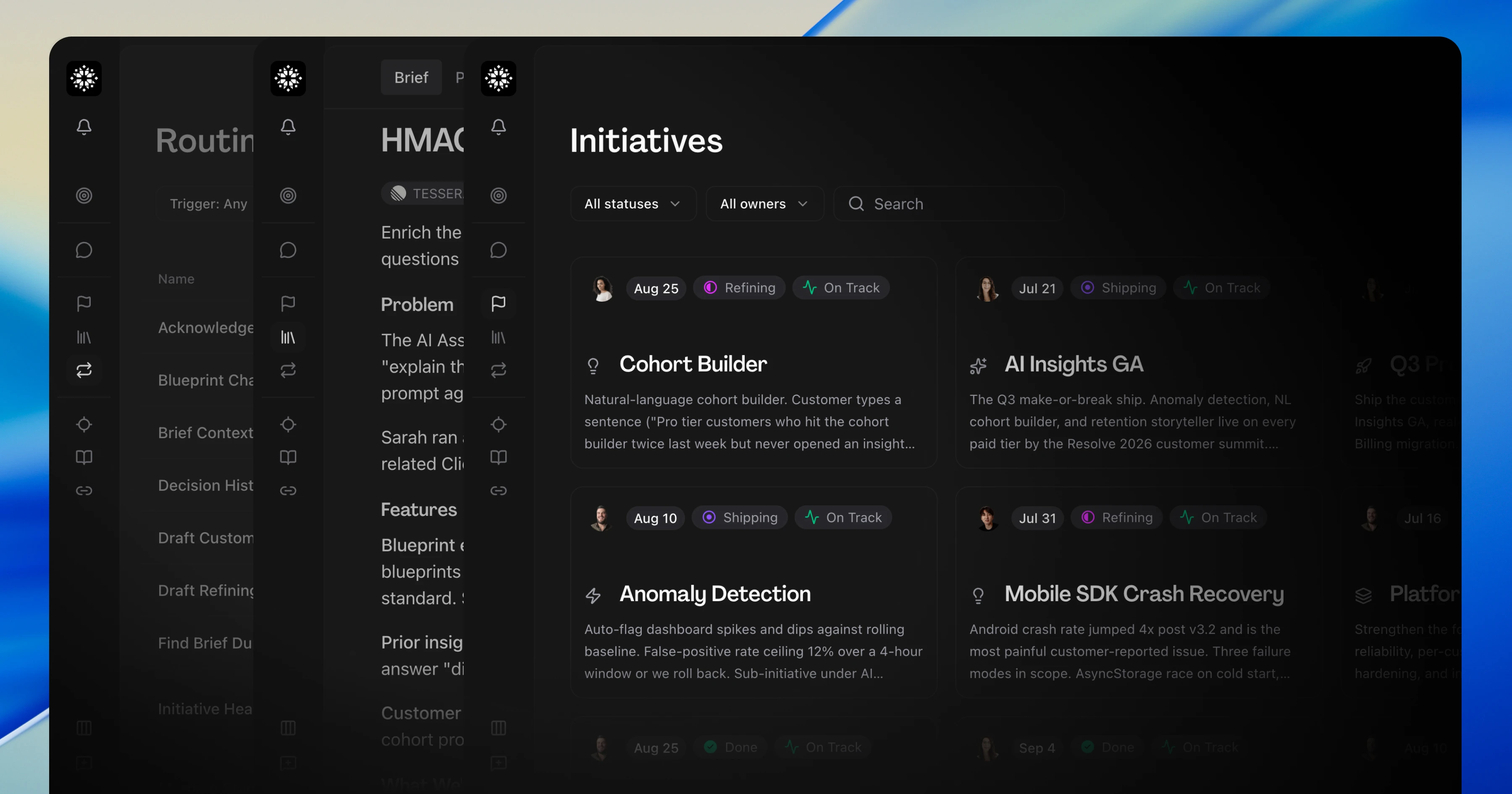 Several Hamster workspace pages stacked behind one another, with the Initiatives list in front showing cards and their status pills