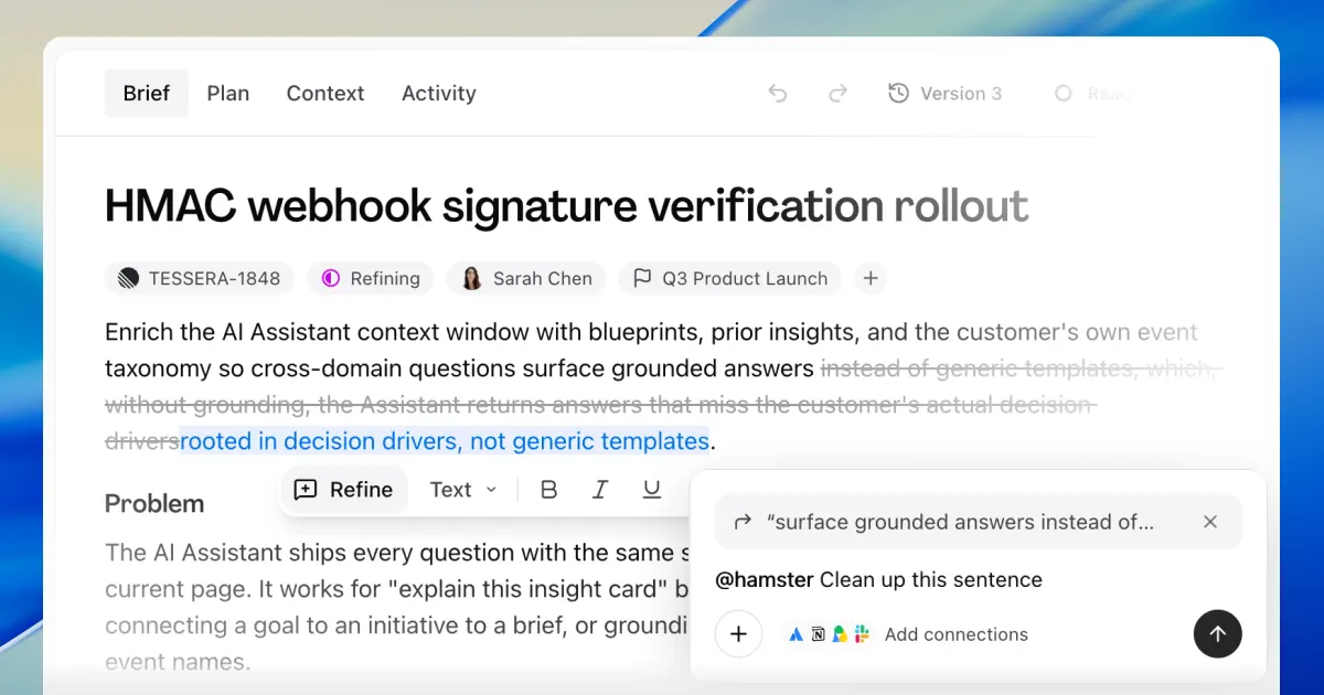 A brief in the document editor with a sentence highlighted and a Refine action floating above it, the highlighted text pinned as a quoted chip over the chat composer