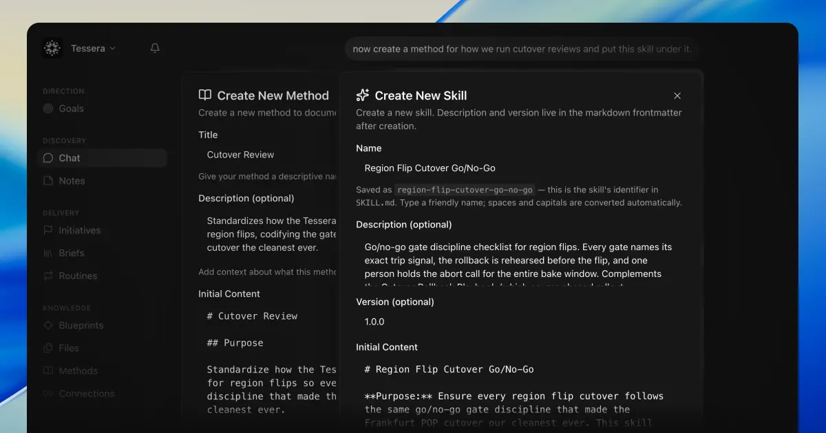 Create New Skill open over Create New Method, both drafts filled in from a chat ask to create a cutover review method and put the skill under it