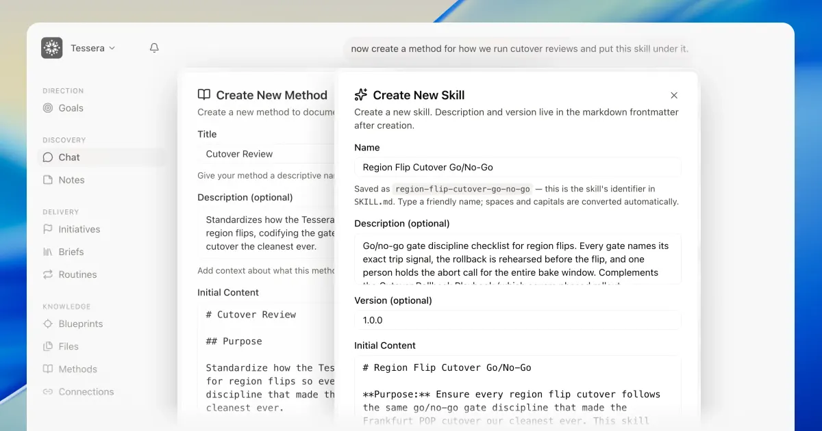 Create New Skill open over Create New Method, both drafts filled in from a chat ask to create a cutover review method and put the skill under it