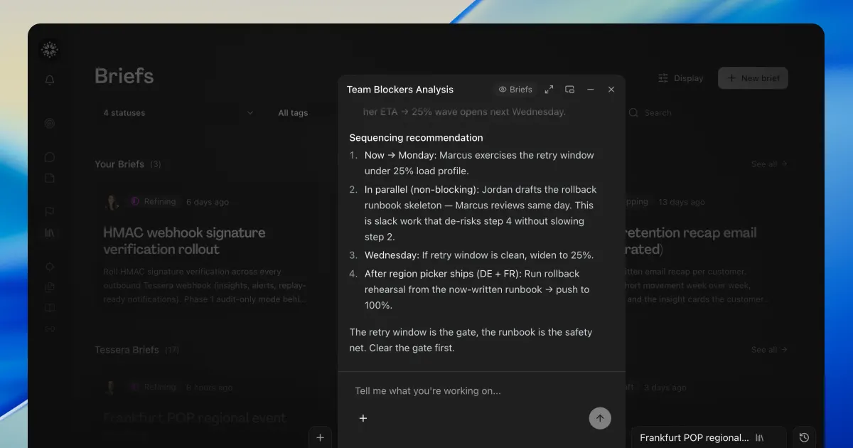 A Team Blockers Analysis chat floating over the Briefs page with a sequencing recommendation for the Frankfurt POP rollout