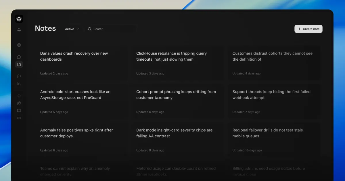 The Notes page showing active customer, product, and engineering observations in a searchable grid
