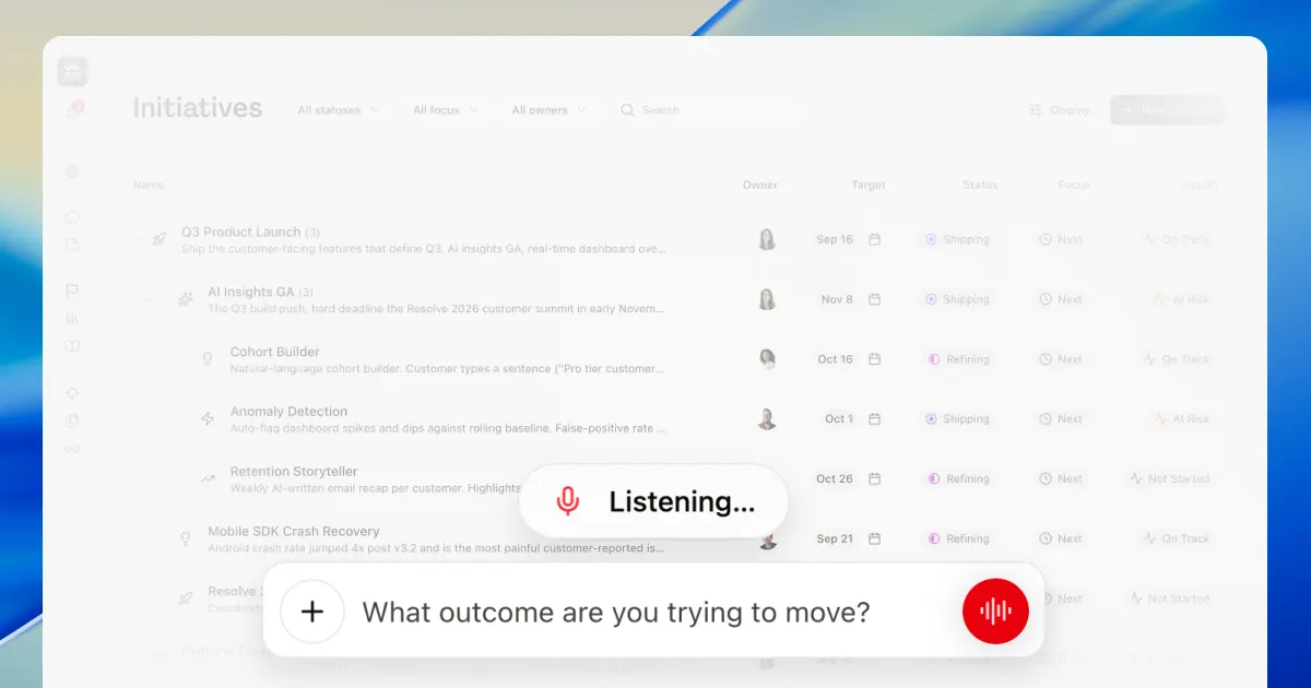 Voice mode listening over the Initiatives list, with the waveform control active in the chat composer