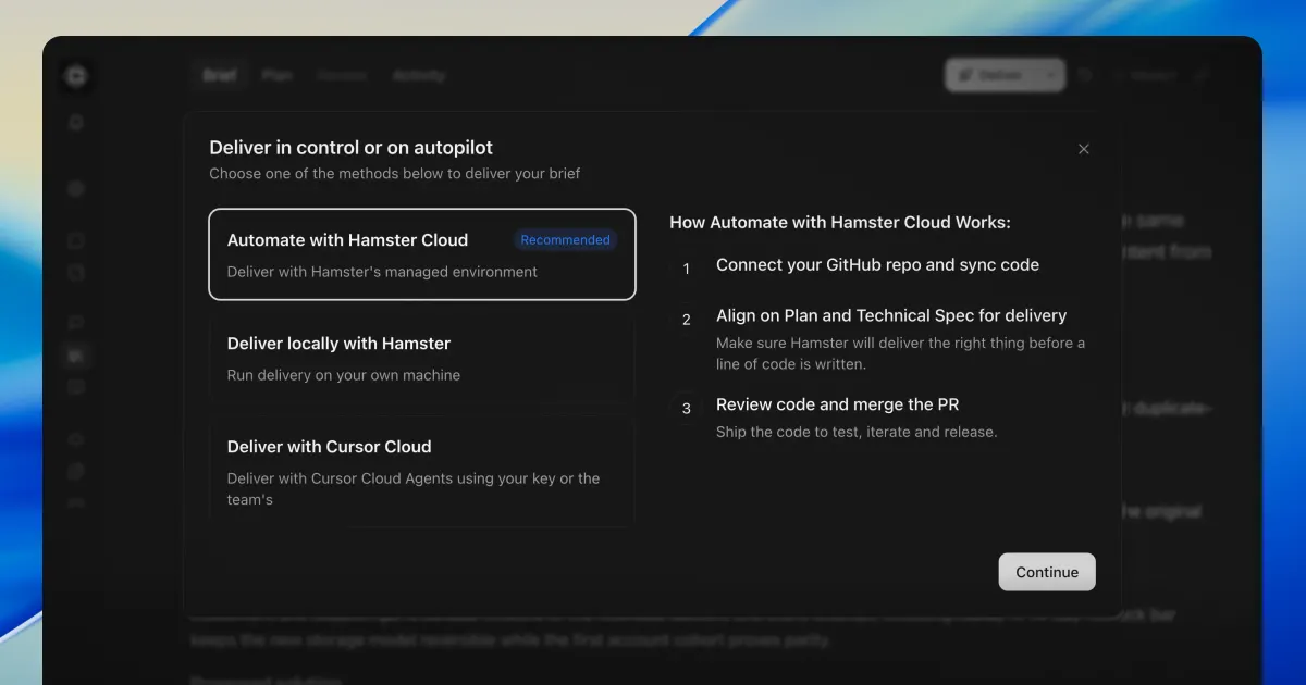The Deliver dialog open over a brief, with Automate with Hamster Cloud selected as the recommended method beside the three steps it runs: connect the GitHub repo, align on the plan and technical spec, then review and merge the pull request
