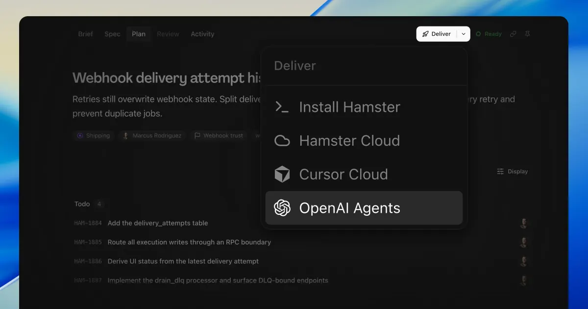 A brief's Plan tab with its Deliver menu enlarged over the page, listing Install Hamster, Hamster Cloud, Cursor Cloud and OpenAI Agents, with only the Deliver button and the highlighted OpenAI Agents option at full brightness and the rest of the page dimmed