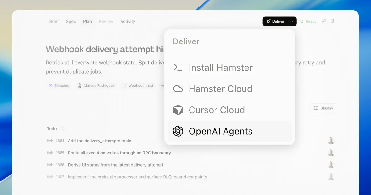 A brief's Plan tab with its Deliver menu enlarged over the page, listing Install Hamster, Hamster Cloud, Cursor Cloud and OpenAI Agents, with only the Deliver button and the highlighted OpenAI Agents option at full brightness and the rest of the page dimmed