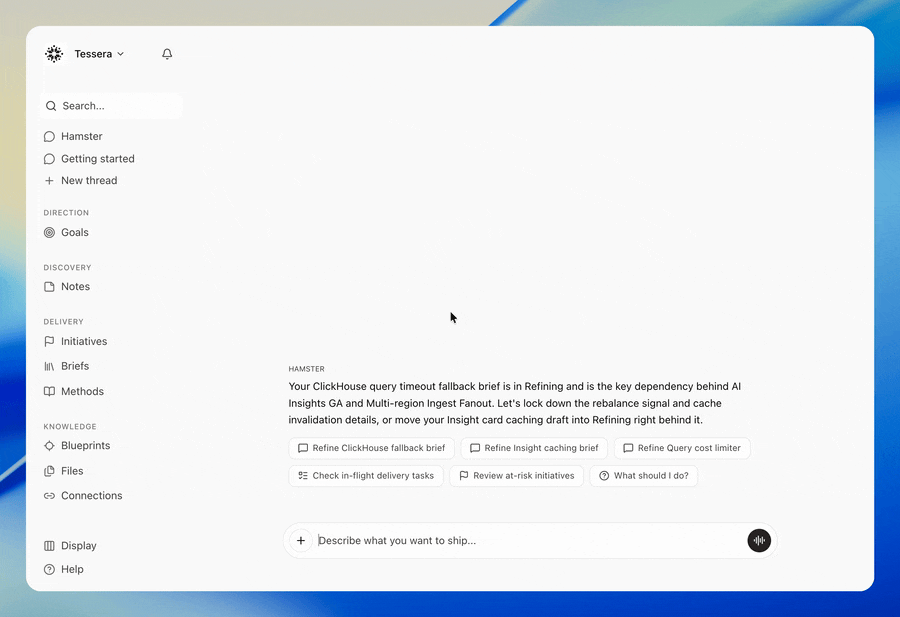 User on their workspace home, where a Getting started chat sits in the sidebar. They open it, and Hamster welcomes them back by name and offers the setup step still open, connecting their code repository. They reply with a short yes, and Hamster answers with a Connect your code card right in the chat, listing what connecting lets Hamster do and a button for each code host: GitHub, GitLab, Cursor Origin and Bitbucket. The scene ends with the card on screen and Hamster's note to pick the repositories to index and that it will follow up once indexing finishes, indicating a workspace that was only partly set up is offered its next step as a card in the same conversation.