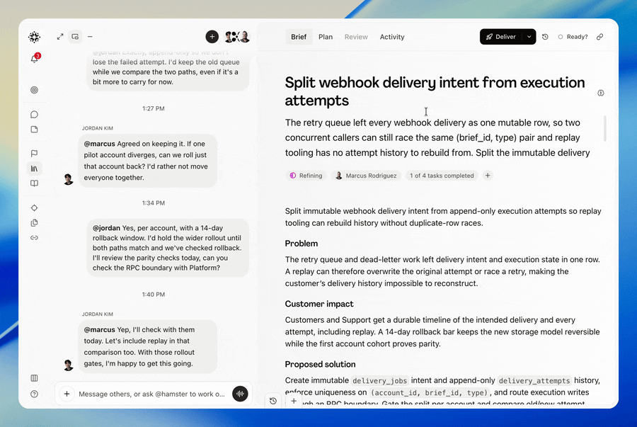 User on a brief chooses Automate with Hamster Cloud, with Auto Approve the Technical Spec and Auto Deliver the Plan enabled, then clicks Deliver My Brief. Hamster streams tasks and subtasks into the plan, and the Plan tab then shows a delivered brief with all tasks completed and a linked GitHub pull request.