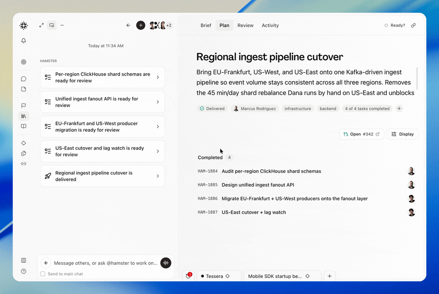 User on the Plan tab of a delivered brief opens the Review tab to inspect the linked GitHub pull request. They open Changes, read the code diff and inline feedback, then click Approve and submit a review comment. The scene ends with the Approved state and confirmation that the pull request is approved on GitHub, indicating delivered work can be reviewed and approved without leaving Hamster.