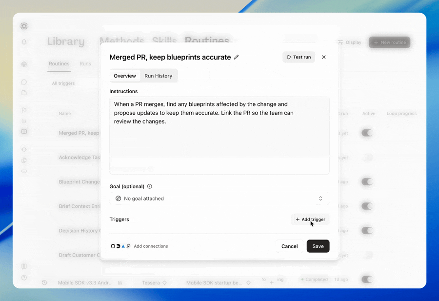 User on the Routines page configures a GitHub Pull request merged trigger and saves the routine. They merge a pull request on GitHub, then return to Run History to see the completed run. Hamster flags outdated information in an affected blueprint and presents proposed edits for review. The scene ends with the user clicking Accept all and the updated blueprint in view, indicating GitHub-triggered routines keep blueprints aligned with shipped code while a human approves the changes.